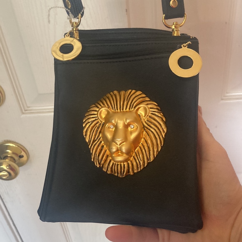 Black Crossbody Bag with Gold Lion Emblem